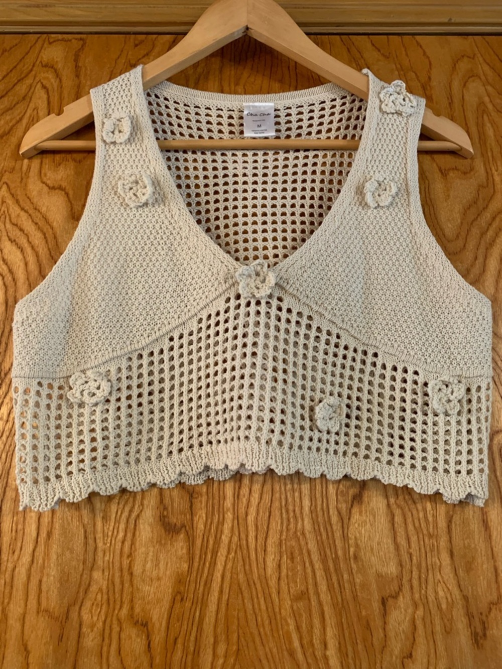 Open-Knit Floral Crochet Crop Tank Top - Cream